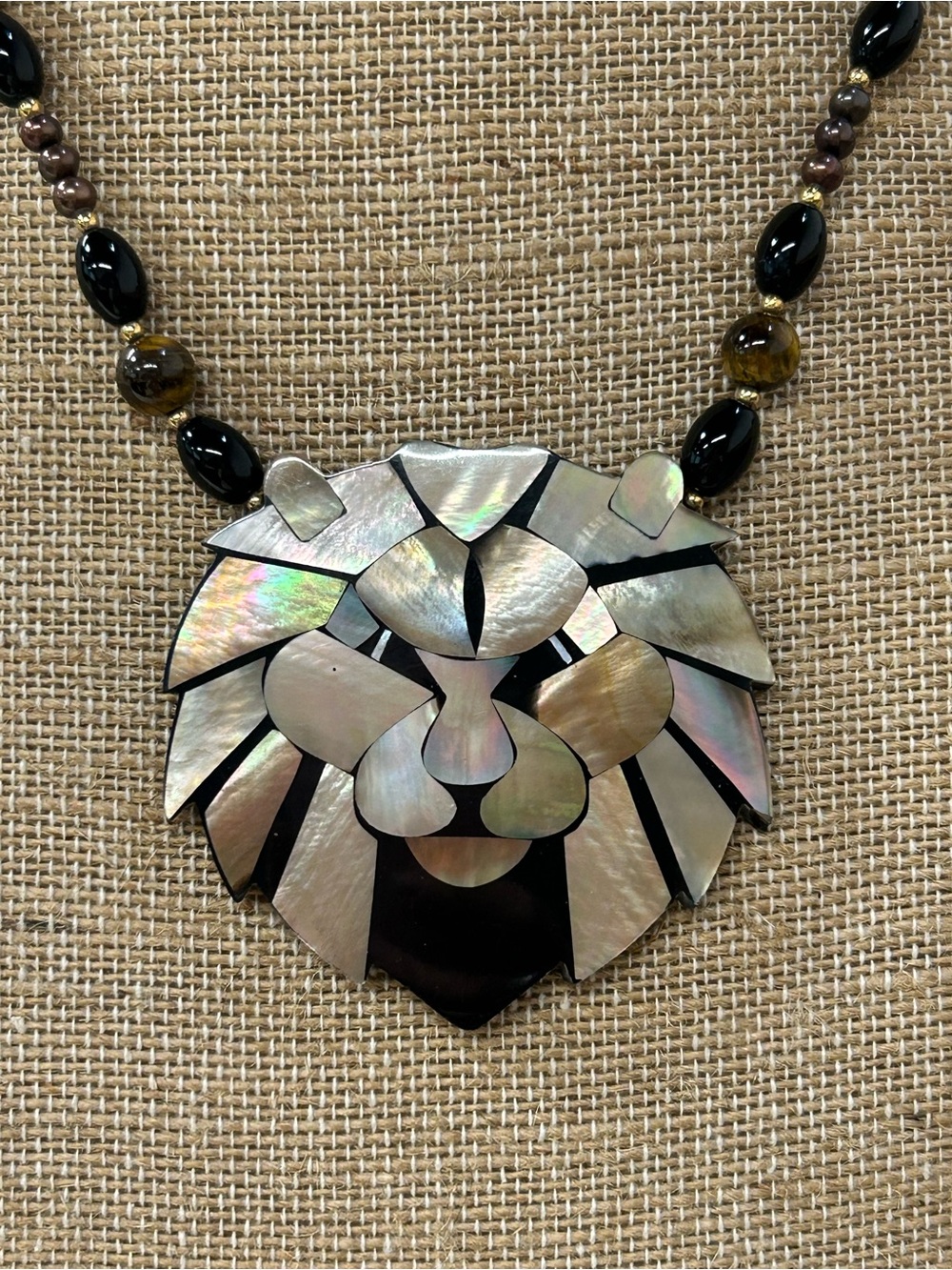 Vintage Lee Sands abalone resin and stone beaded statement lion necklace